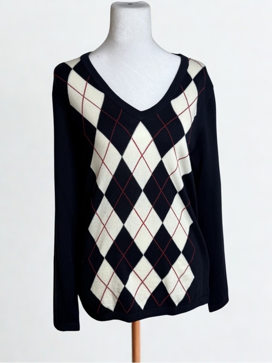 Tommy Hilfiger Sweaters - Tommy Hilfiger Black V-Neck Argyle Sweater with Cream and Red Accents